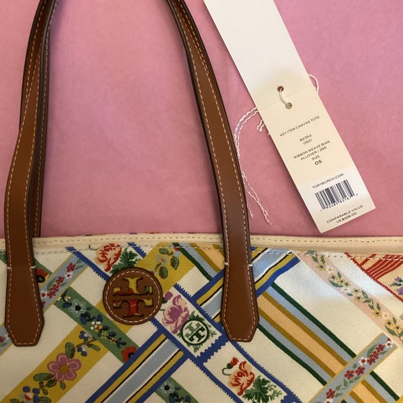 Tory Burch Key Item Canvas Tote in Ribbon Weave Bias Allover - Picture 8 of 11